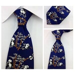Kai Long Neck Tie Navy Blue Panda Bamboo 100% Silk Panda Bear Hand Made Mens EUC